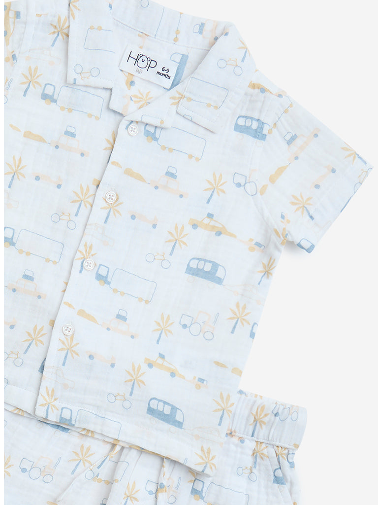 westisde HOP Baby Boys' White Printed Cotton Shirt with Shorts Set for Casual Wear Zoom View