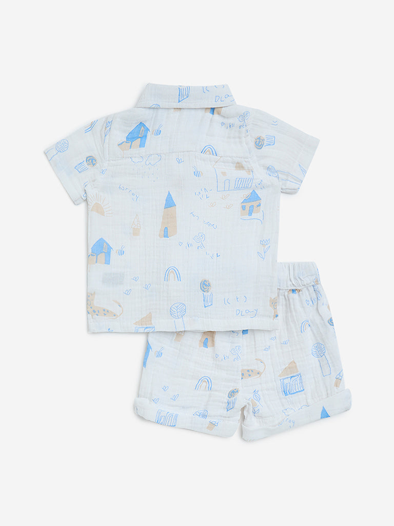 HOP Baby White Printed Cotton Shirt with Shorts Set