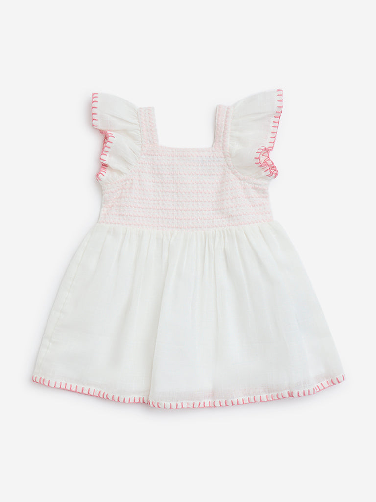 westisde HOP Baby Girls' White Embroidered Cotton A-Line Dress for Casual Wear Front View