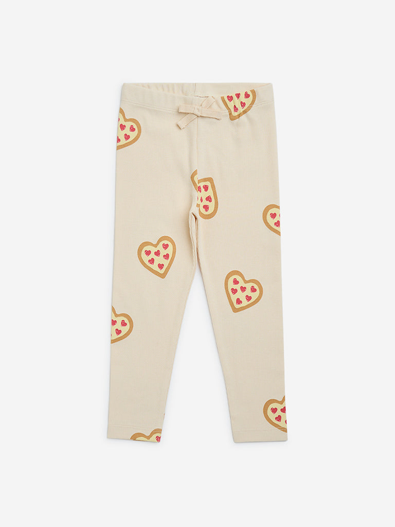 HOP Kids Beige Heart Print High-Rise Cotton-Blend Leggings