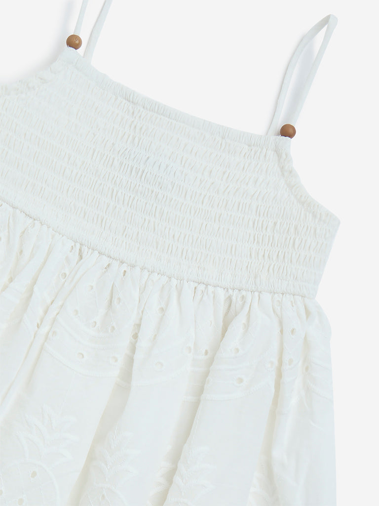 westisde HOP Girls' Kids White Schiffli Detailed Cotton A-Line Dress for Casual Wear Zoom View