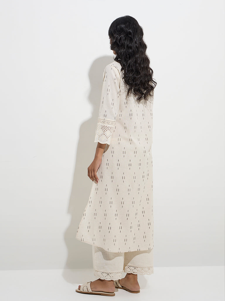 Westside Utsa Women's Off-White Ikat Pattern Cotton-Blend A-Line Kurta for Work Wear Back View