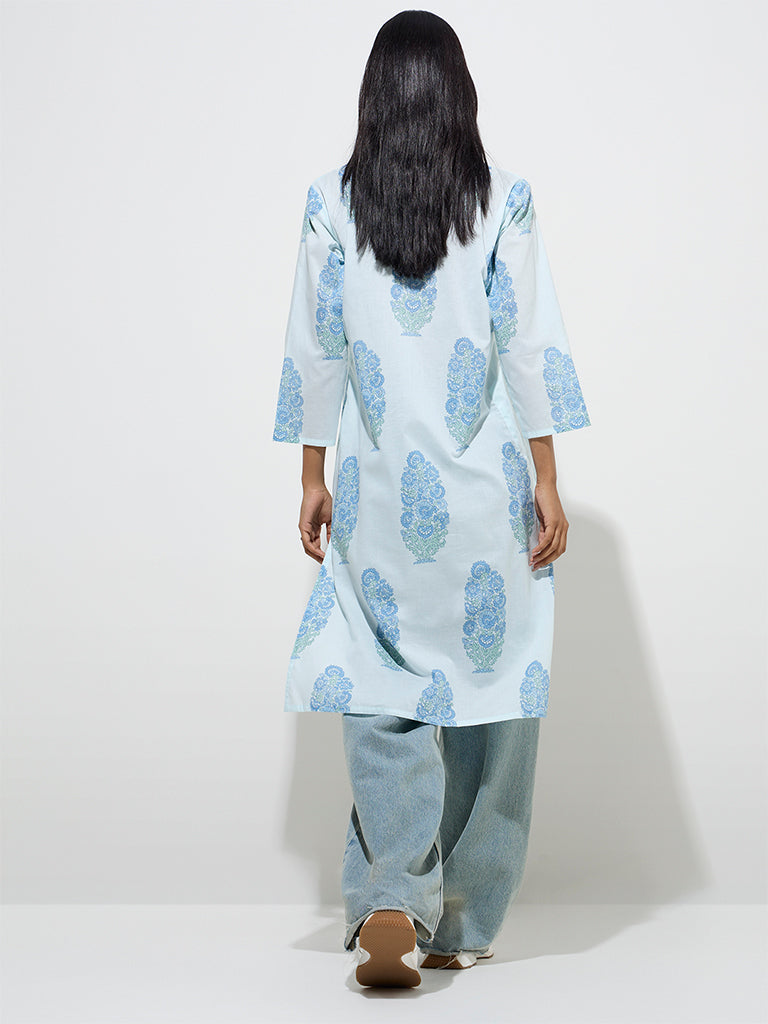 Westside Utsa Women's Light Blue Flower Butta Printed Cotton Straight Kurta for Everyday Back View