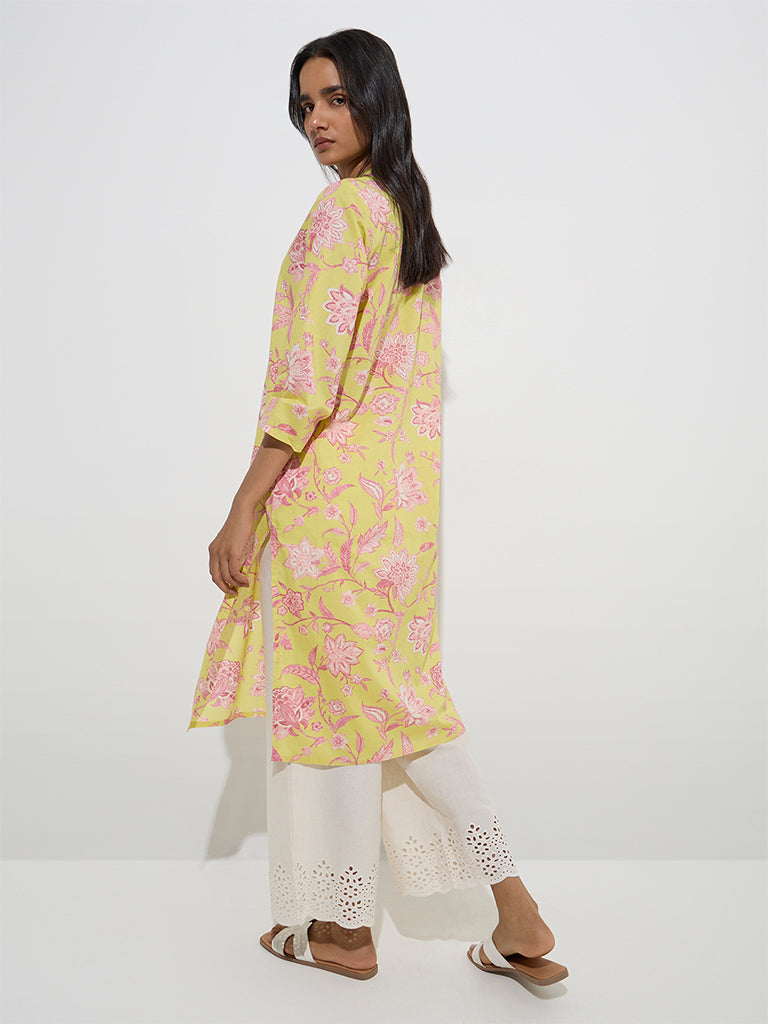 Westside Utsa Women's Yellow Floral Design Straight Cotton Kurta for Everyday Back View