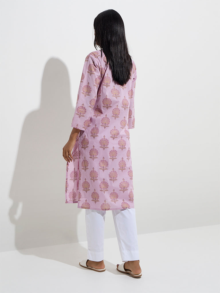 Westside Utsa Women's Lilac Printed Straight Cotton Kurta for Everyday Back View
