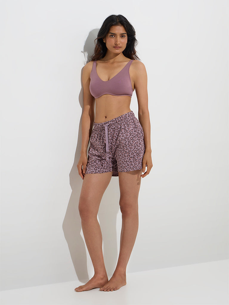 Wunderlove Mauve Animal Pattern High-Rise Cotton Shorts