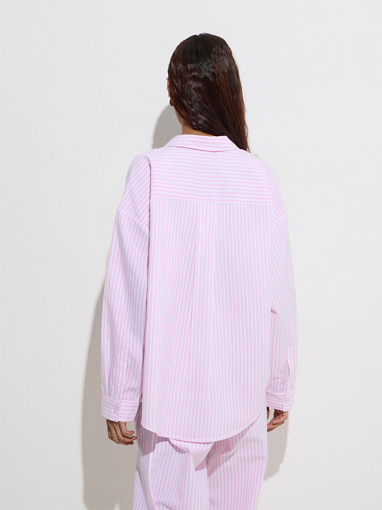 Westside Nuon Women's Pink Stripe Patterned Cotton Shirt for Casual Wear Back View