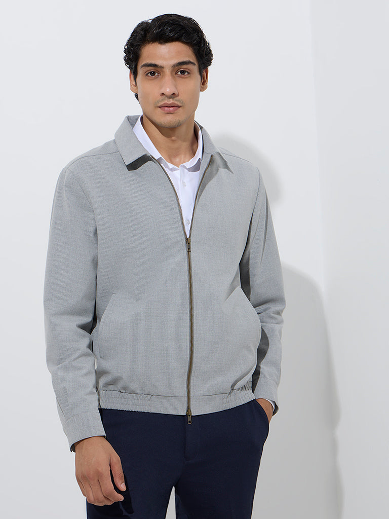 Westside WES Formals Men's Grey Pinstripe Slim-Fit Cotton-Blend Jacket for Work Wear Front View