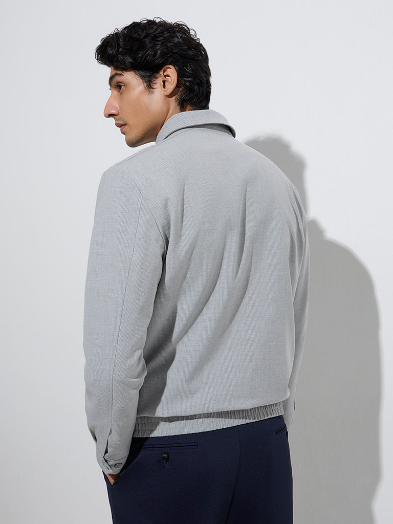 Westside WES Formals Men's Grey Pinstripe Slim-Fit Cotton-Blend Jacket for Work Wear Back View