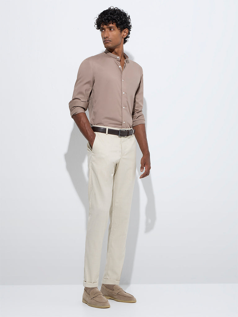Westside WES Formals Men's Beige Checkered Relaxed-Fit Mid-Rise Trousers for Work Wear Full Model View