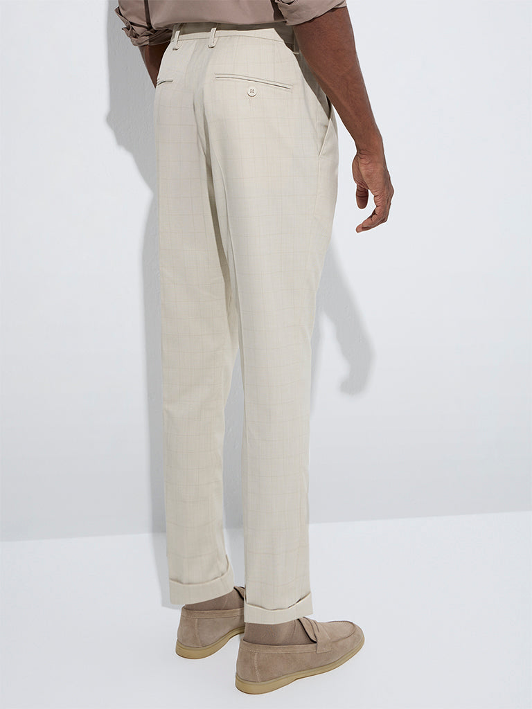 Westside WES Formals Men's Beige Checkered Relaxed-Fit Mid-Rise Trousers for Work Wear Back View