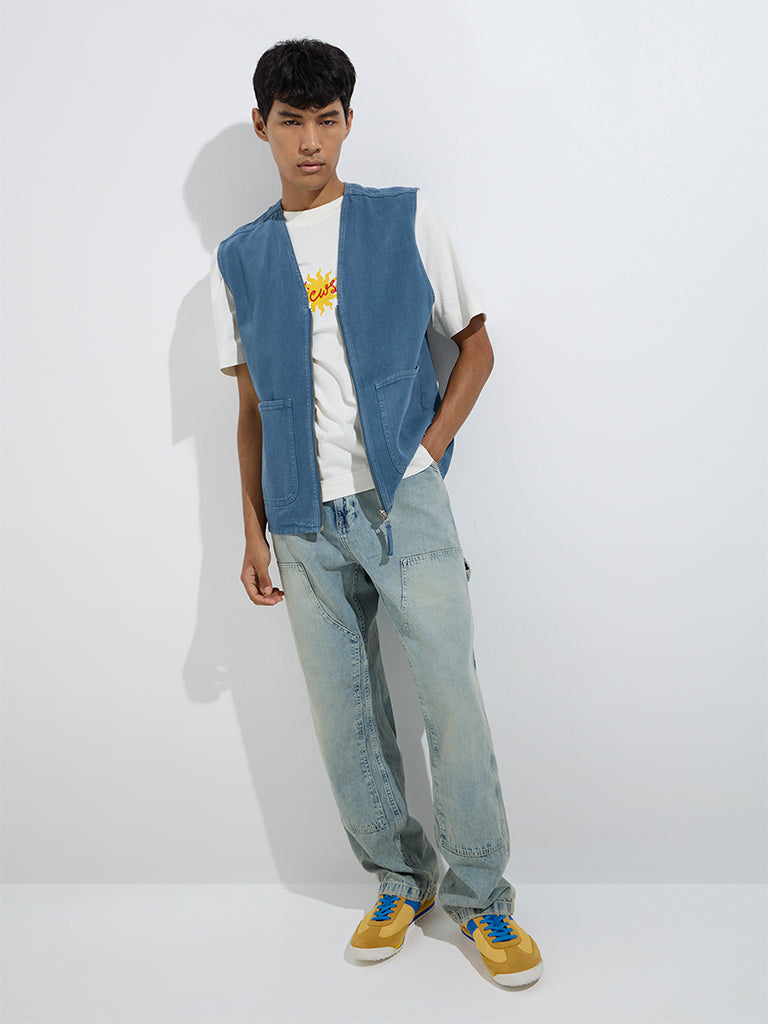 westisde Nuon Men's Blue Relaxed-Fit Denim Vest Jacket for Casual Wear Full Model View