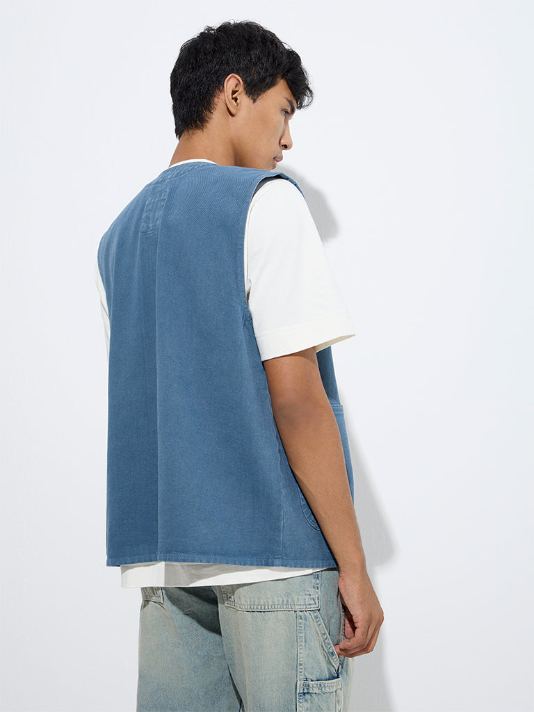 westisde Nuon Men's Blue Relaxed-Fit Denim Vest Jacket for Casual Wear Back View