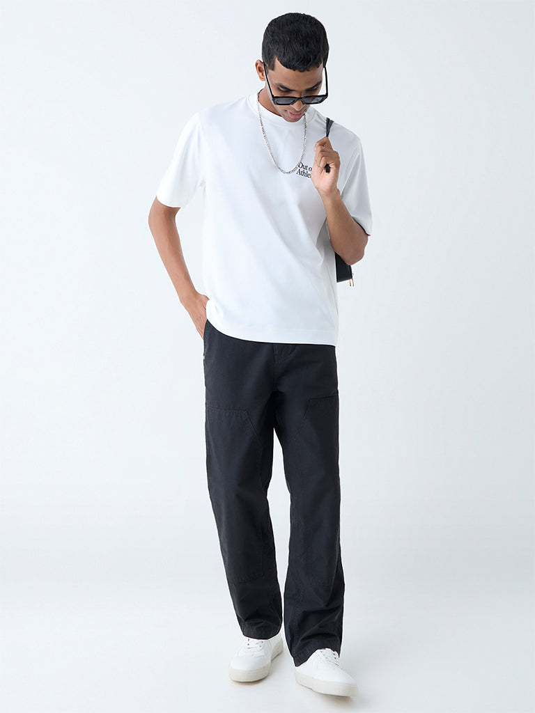 Westside Nuon Men's Black Relaxed-Fit Mid-Rise Trousers for Casual Wear Full View