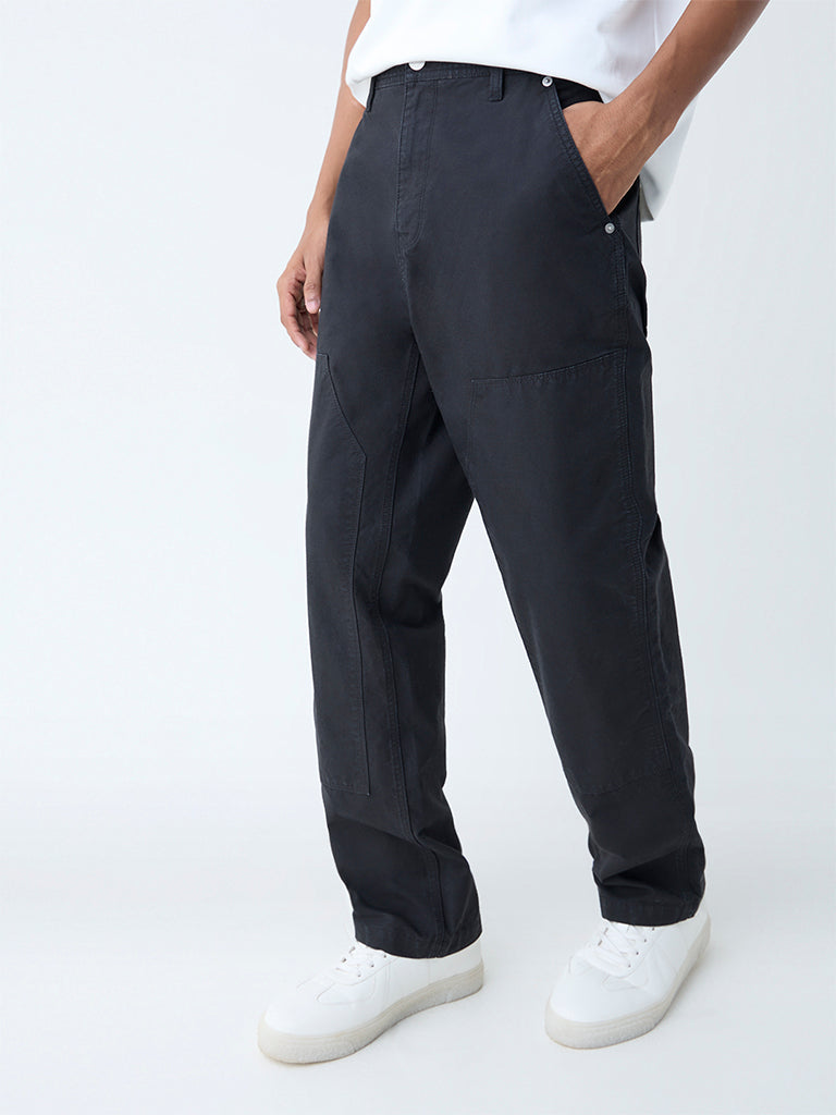 Westside Nuon Men's Black Relaxed-Fit Mid-Rise Trousers for Casual Wear Front View