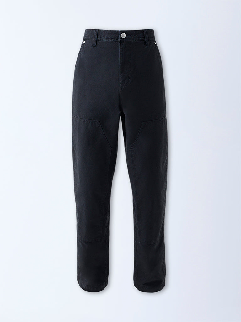 Westside Nuon Men's Black Relaxed-Fit Mid-Rise Trousers for Casual Wear Flatly