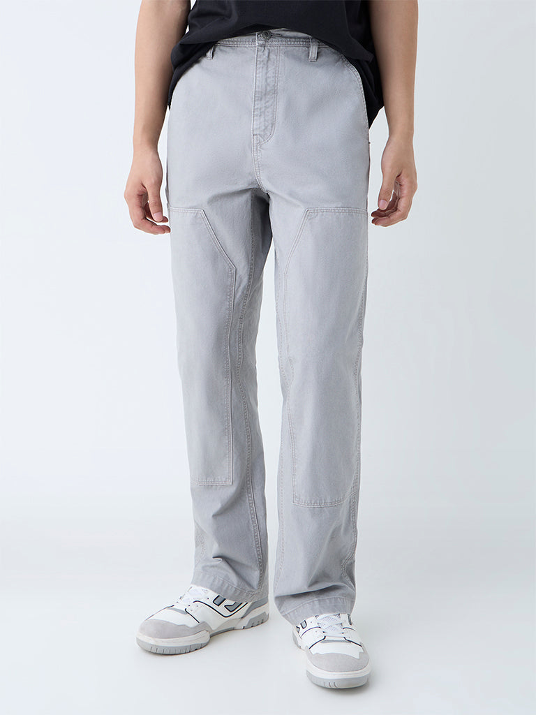Nuon Grey Solid Relaxed-Fit Mid-Rise Trousers