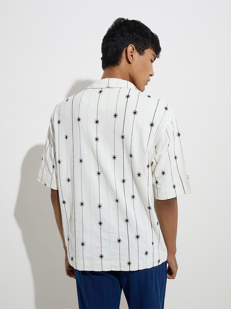 westisde Nuon Men's White Embroidered Relaxed-Fit Cotton Shirt for Casual Wear Back View