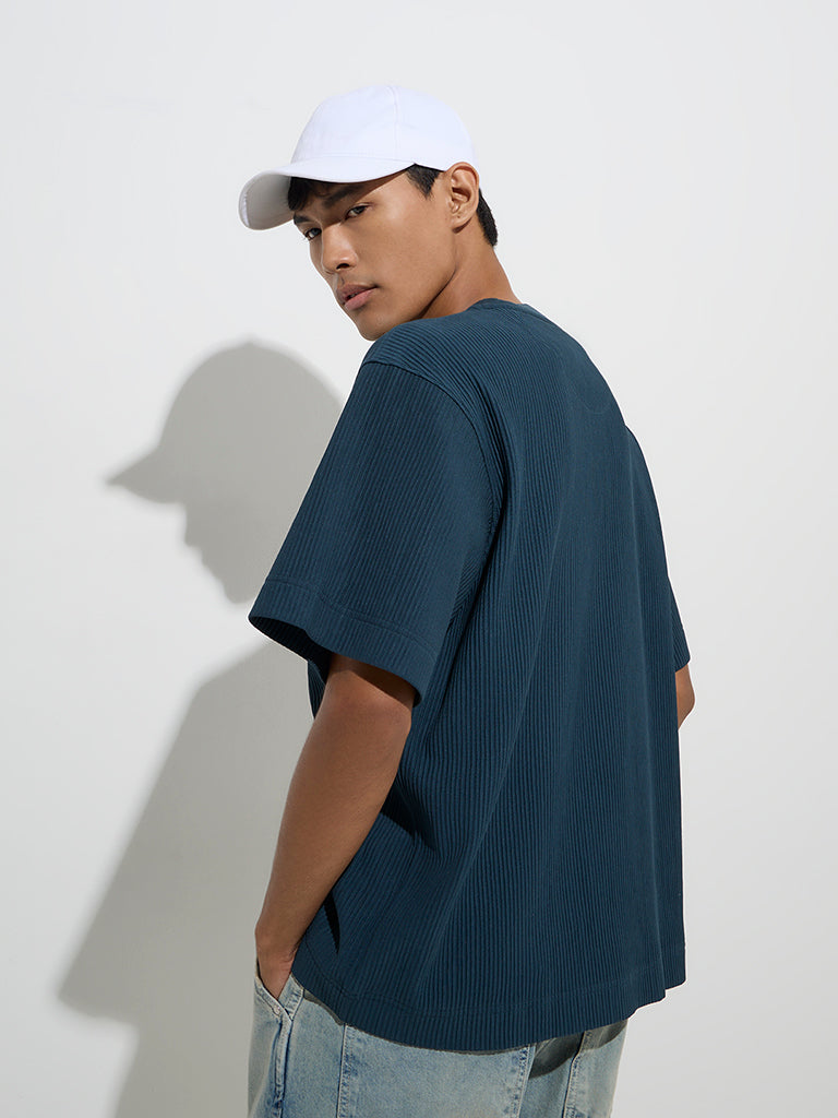 westisde Nuon Men's Teal Text Design Relaxed-Fit T-Shirt for Casual Wear Back View