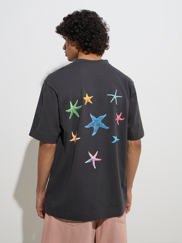 westisde Nuon Men's Charcoal Printed Relaxed-Fit Cotton T-Shirt for Casual Wear Back View