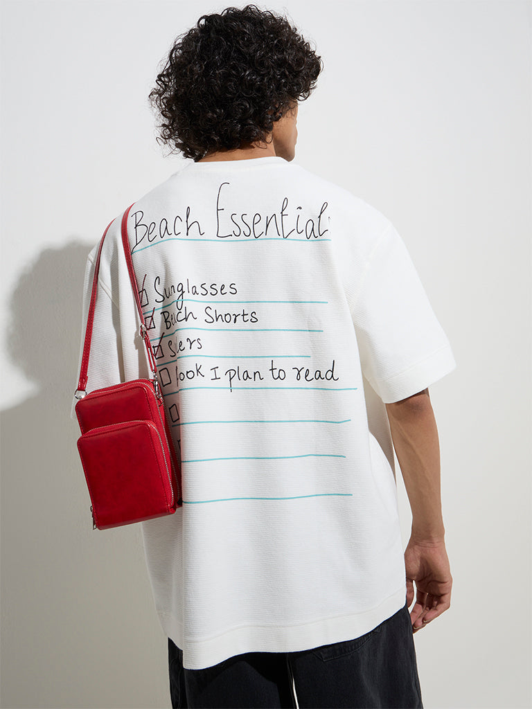 westisde Nuon Men's White Text Design Relaxed-Fit Cotton T-Shirt for Casual Wear Back View