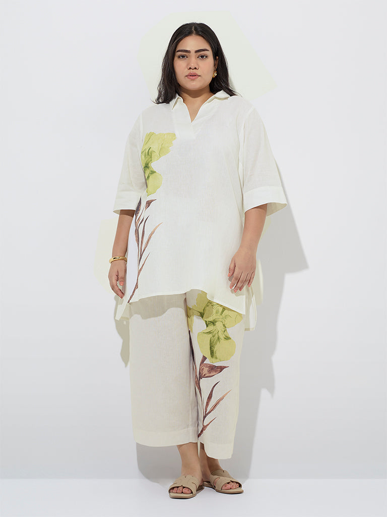 Diza Off-White Floral Design Cotton-Blend Ethnic Pants