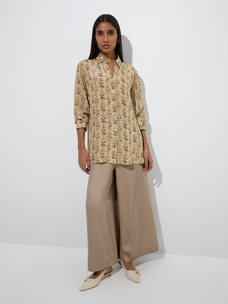 Westside Zuba Women's Brown Floral Printed Tunic for Work Wear Full Model View