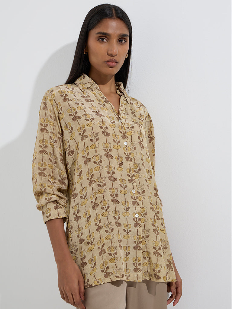Westside Zuba Women's Brown Floral Printed Tunic for Work Wear Front View