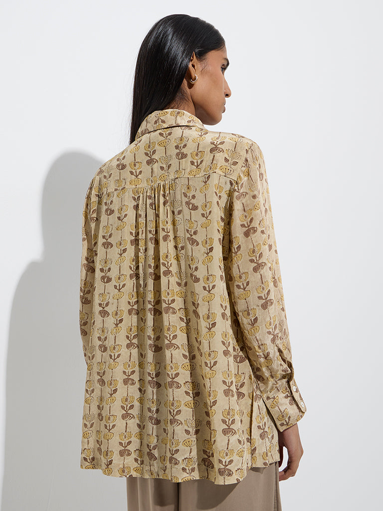 Westside Zuba Women's Brown Floral Printed Tunic for Work Wear Back View