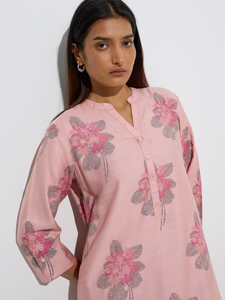 Zuba Peach Foliage Printed A-Line Kurta