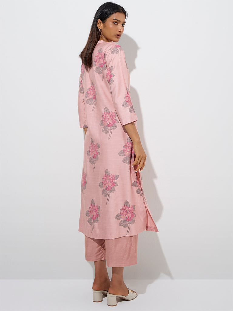 westisde Zuba Women's Peach Foliage Printed A-Line Kurta for Work Wear Back View