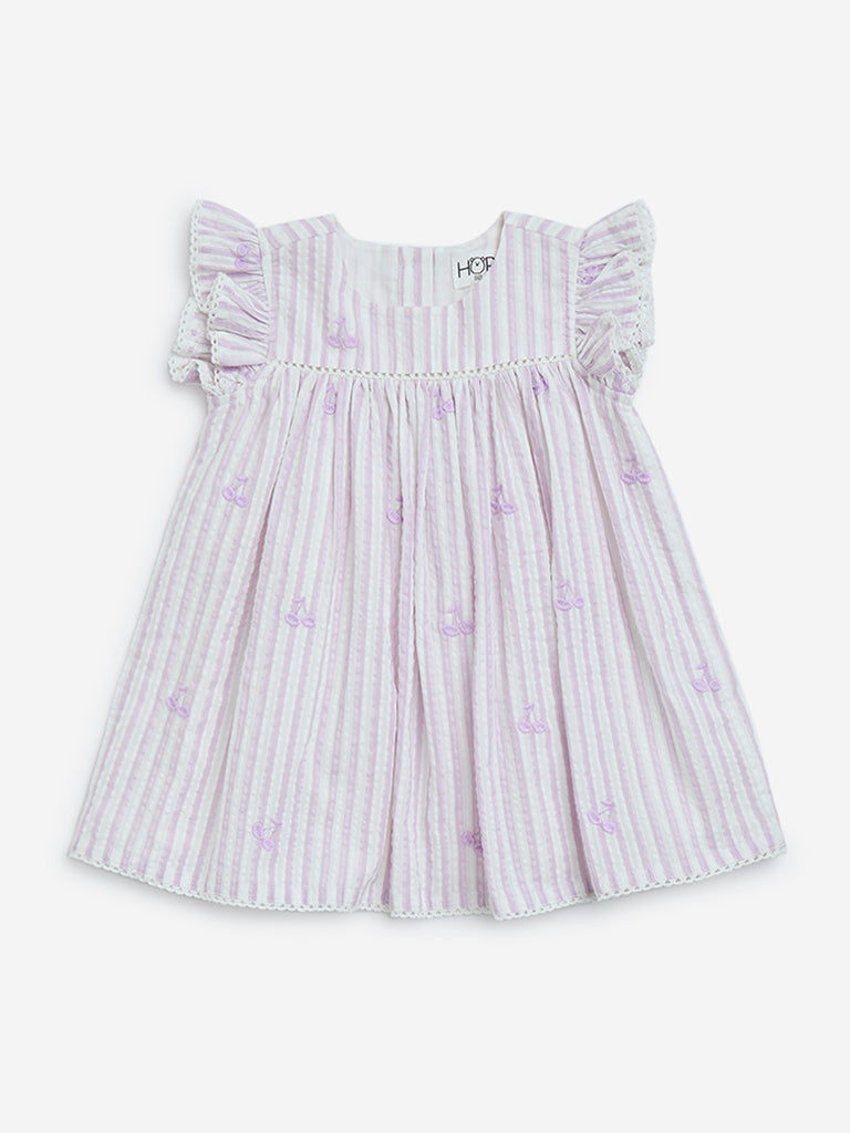 westisde HOP Baby Girls' Lilac Seersucker Striped Cotton Empire-Line Dress for Casual Wear Front View