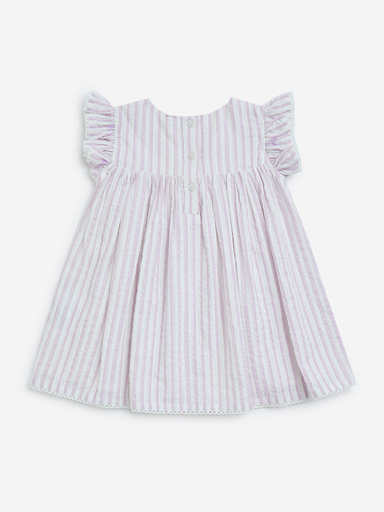 westisde HOP Baby Girls' Lilac Seersucker Striped Cotton Empire-Line Dress for Casual Wear Back View