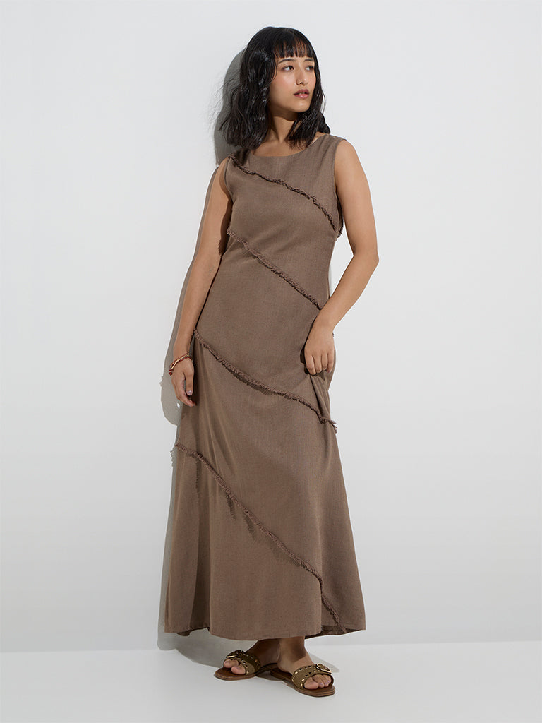 LOV Brown Fringe Detailed A-Line Dress
