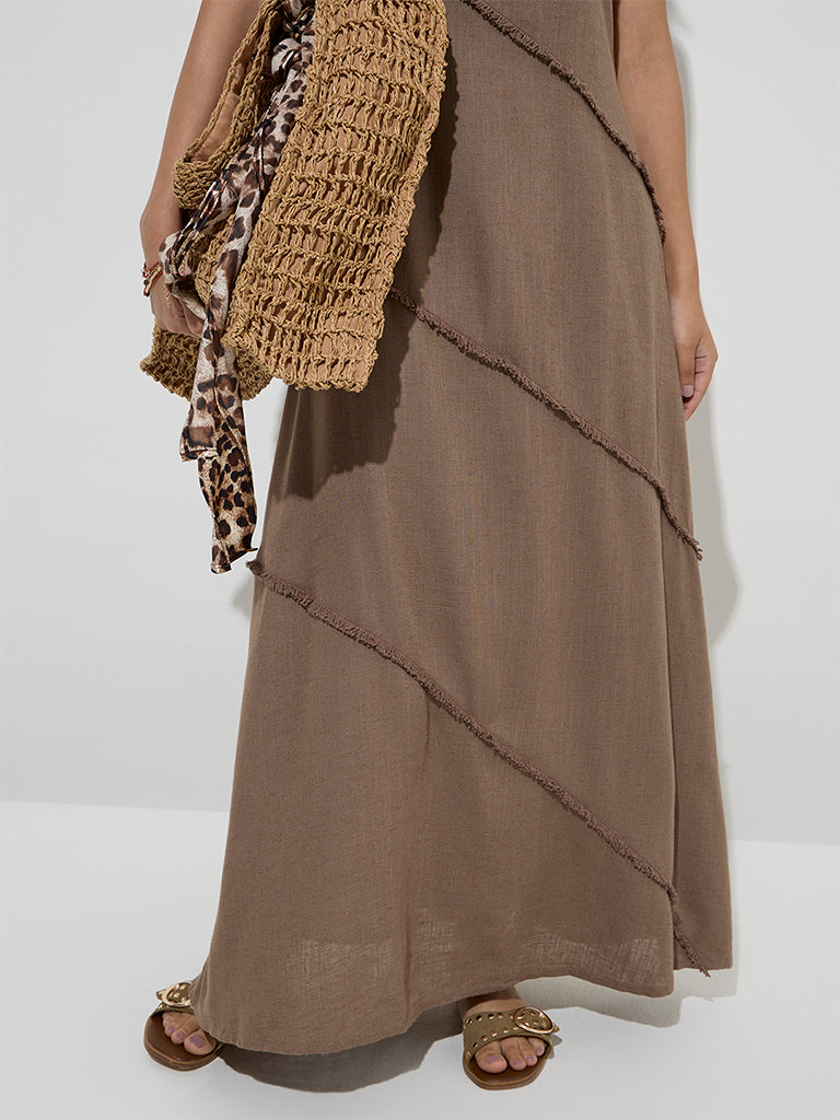 LOV Brown Fringe Detailed A-Line Dress