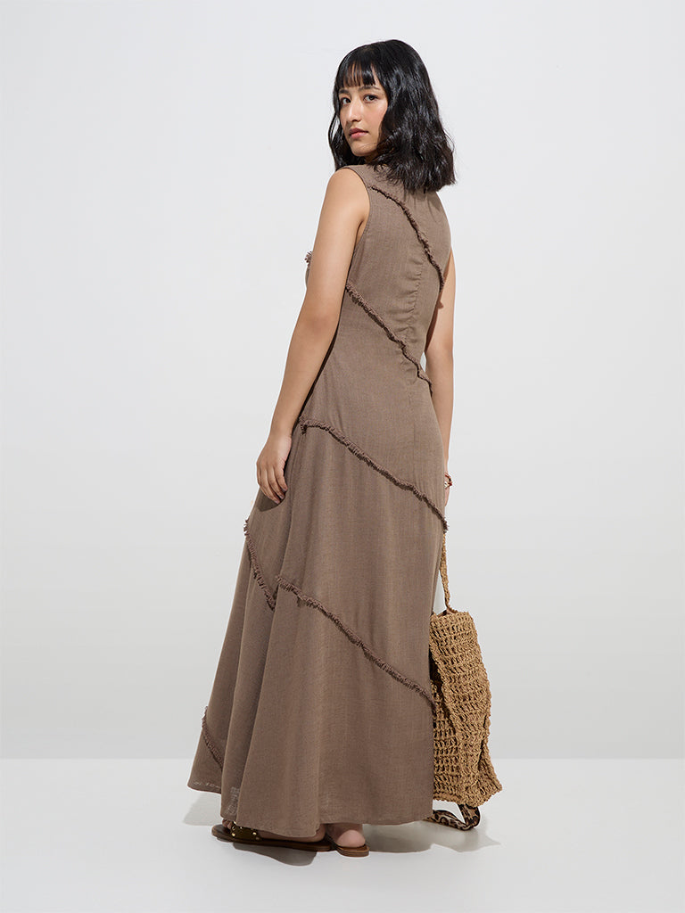 LOV Brown Fringe Detailed A-Line Dress