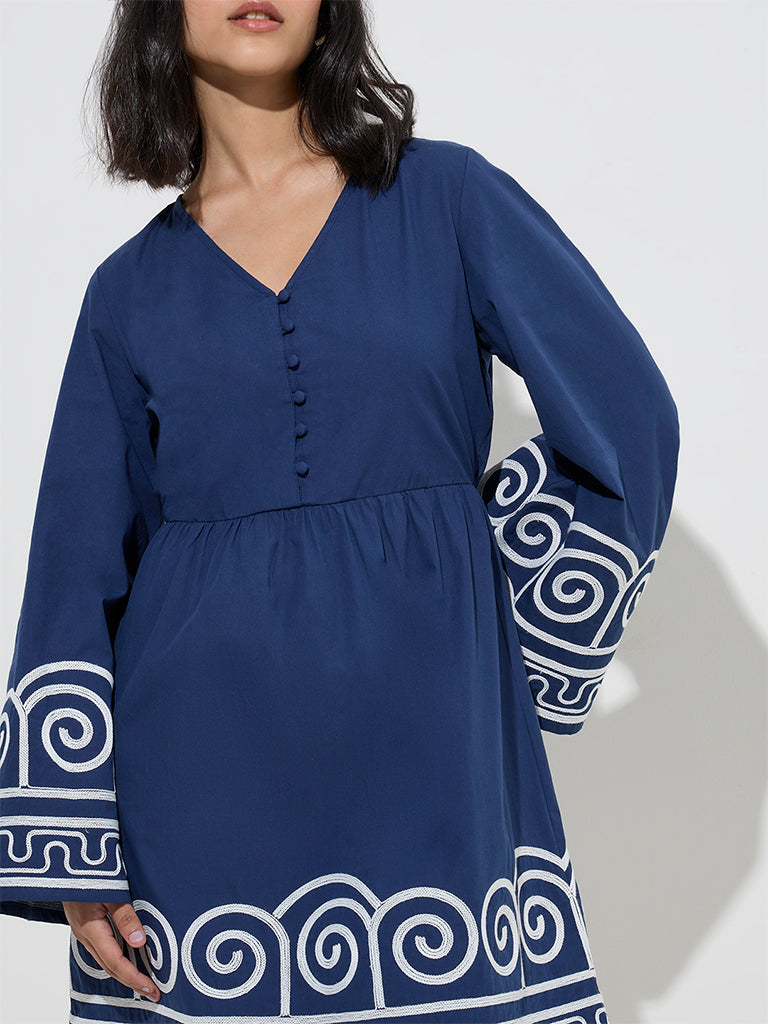 LOV Navy Embroidered Cotton A-Line Dress