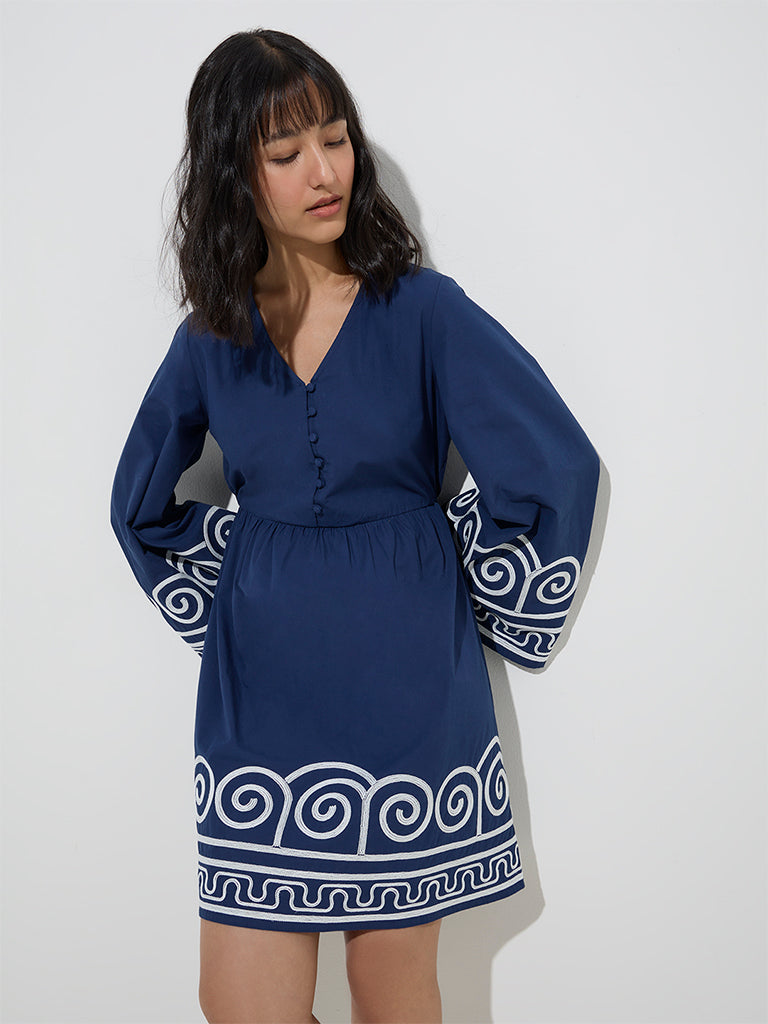 LOV Navy Embroidered Cotton A-Line Dress