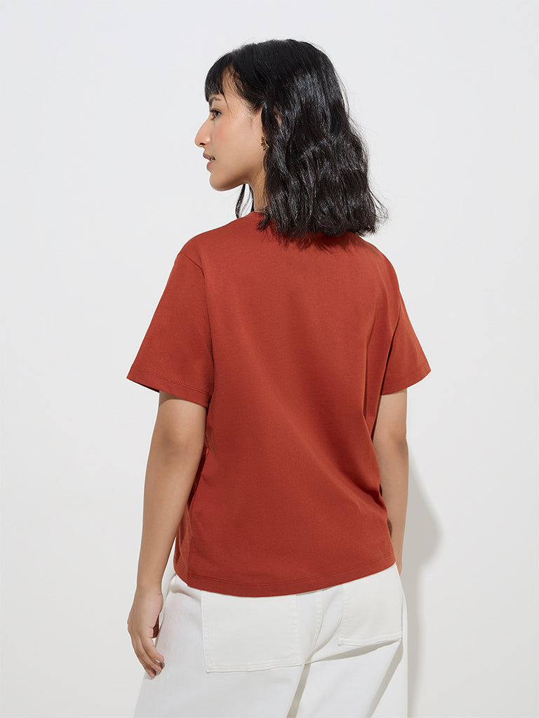 Westside LOV Women's Rust Tropical-Inspired Cotton T-Shirt for Casual Wear Back View