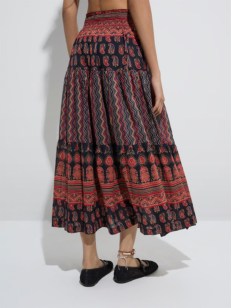 westisde Bombay Paisley Women's Black Paisley Design Cotton Skirt for Everyday Back View