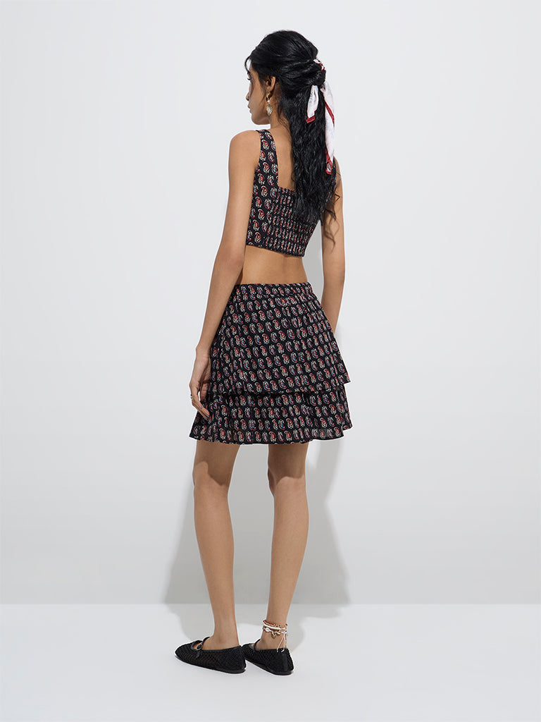 westisde Bombay Paisley Women's Black Paisley Printed Cotton Skirt for Everyday Back View