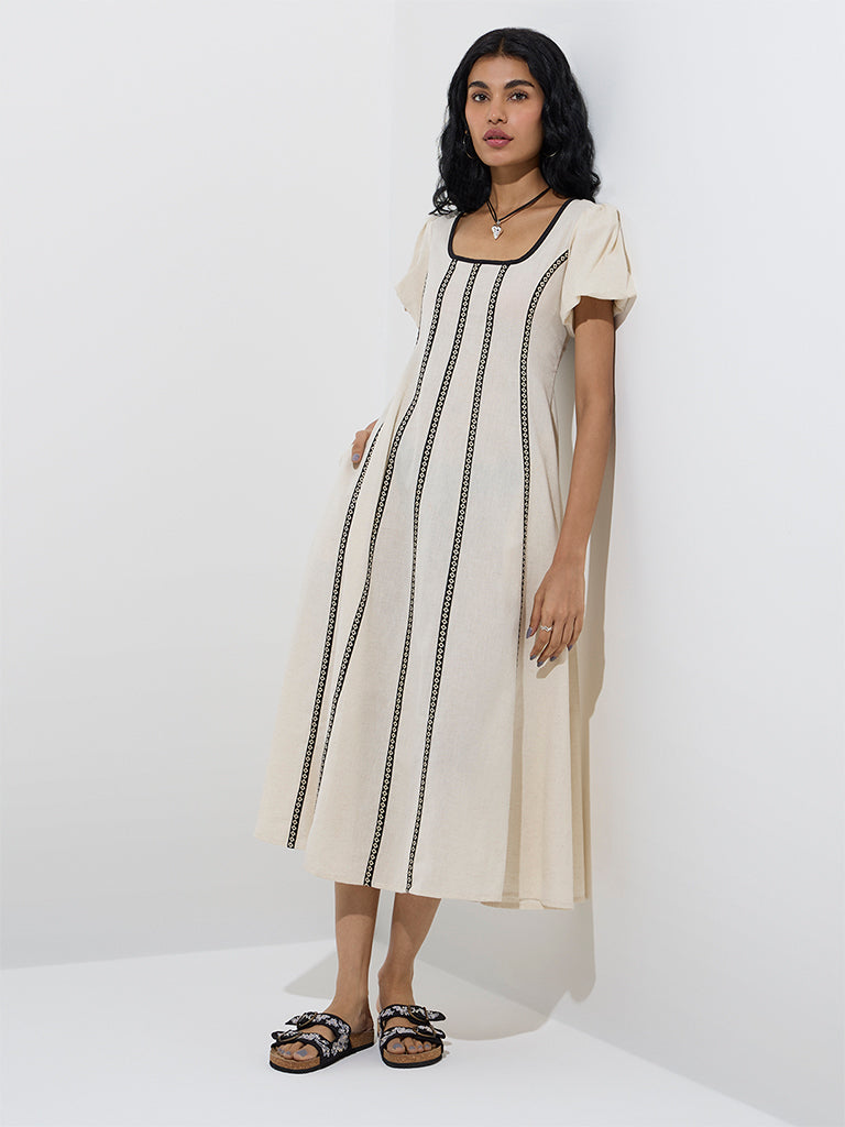 Bombay Paisley Off-White Striped Cotton-Blend A-Line Dress