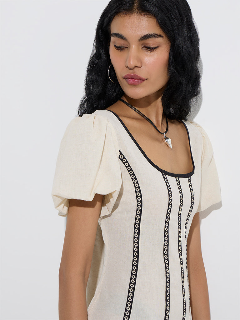 Bombay Paisley Off-White Striped Cotton-Blend A-Line Dress