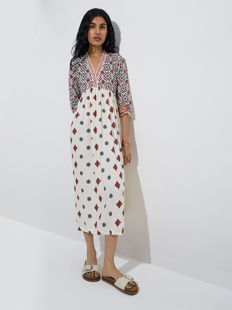 Bombay Paisley Off-White Floral Design A-Line Dress