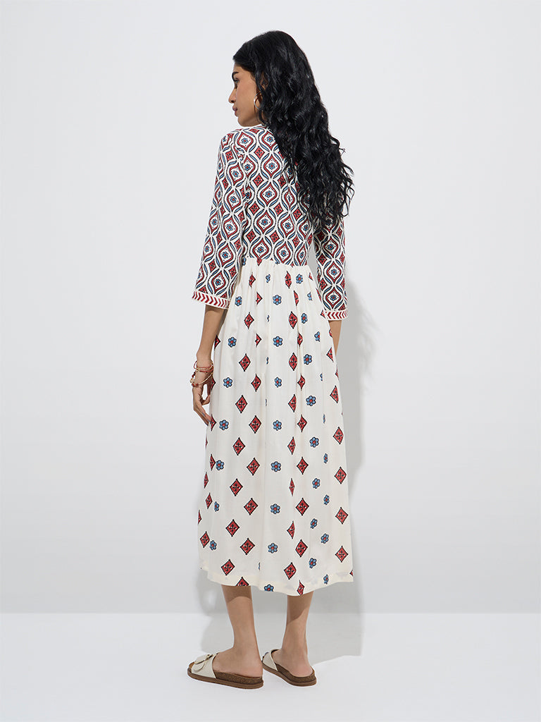 Bombay Paisley Off-White Floral Design A-Line Dress