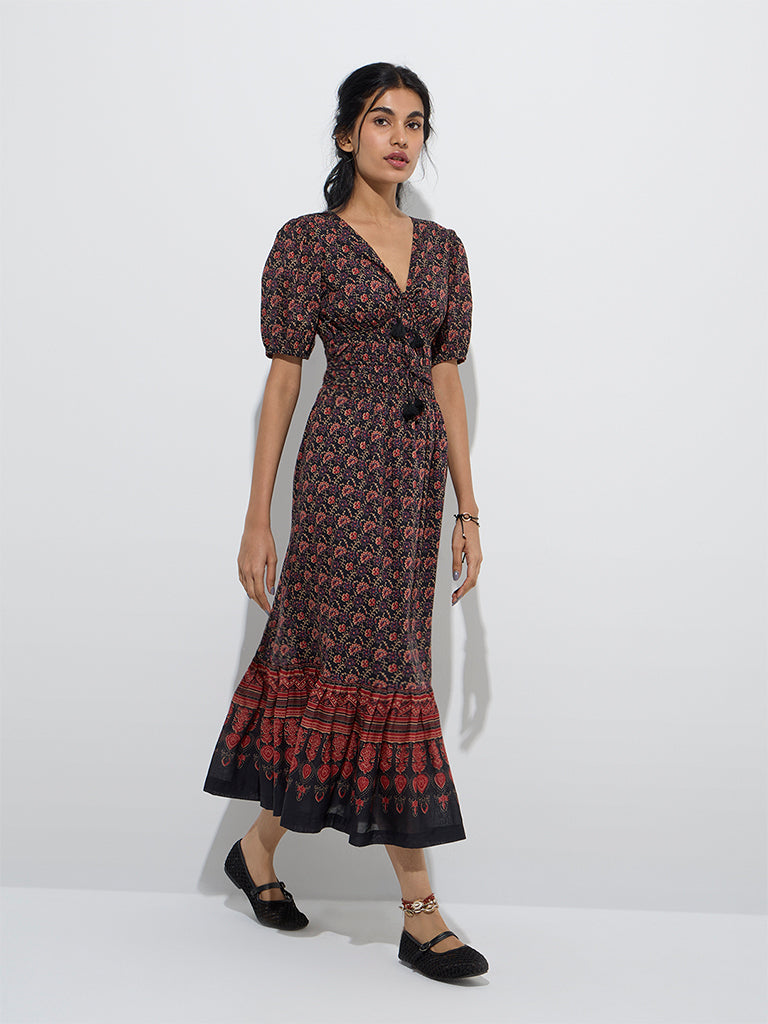 Bombay Paisley Black Floral Cotton Tiered Dress