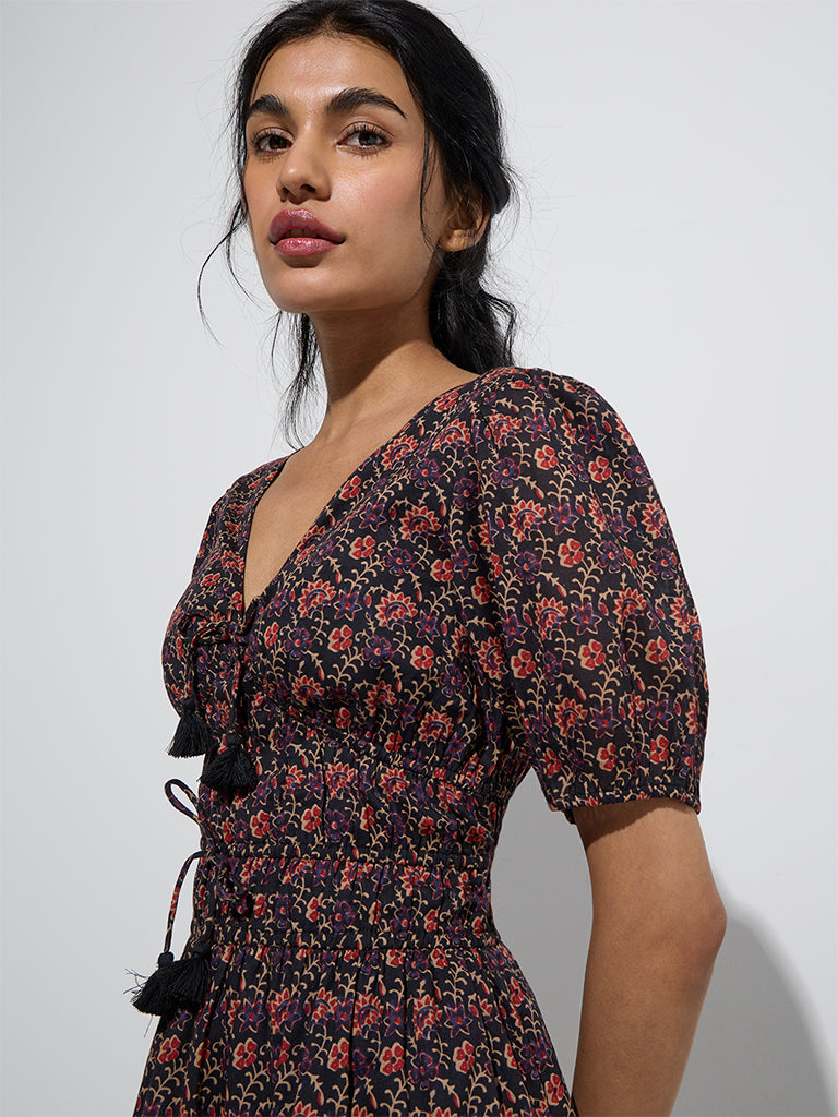 Bombay Paisley Black Floral Cotton Tiered Dress