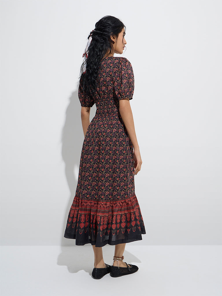 westisde Bombay Paisley Women's Black Floral Cotton Tiered Dress for Everyday Back View