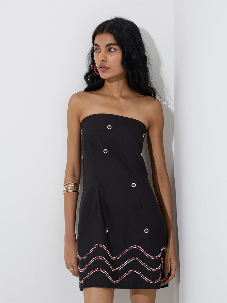 Bombay Paisley Black Embroidered Cotton-Blend Tube Dress
