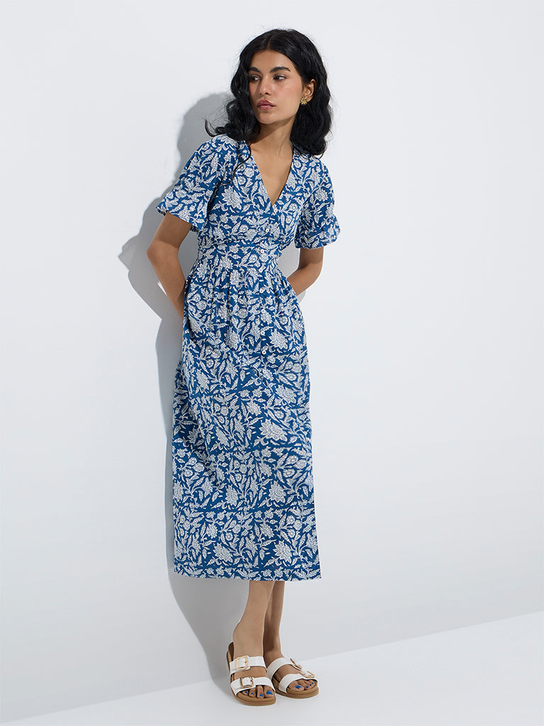 Bombay Paisley Indigo Floral Pattern A-Line Cotton Dress